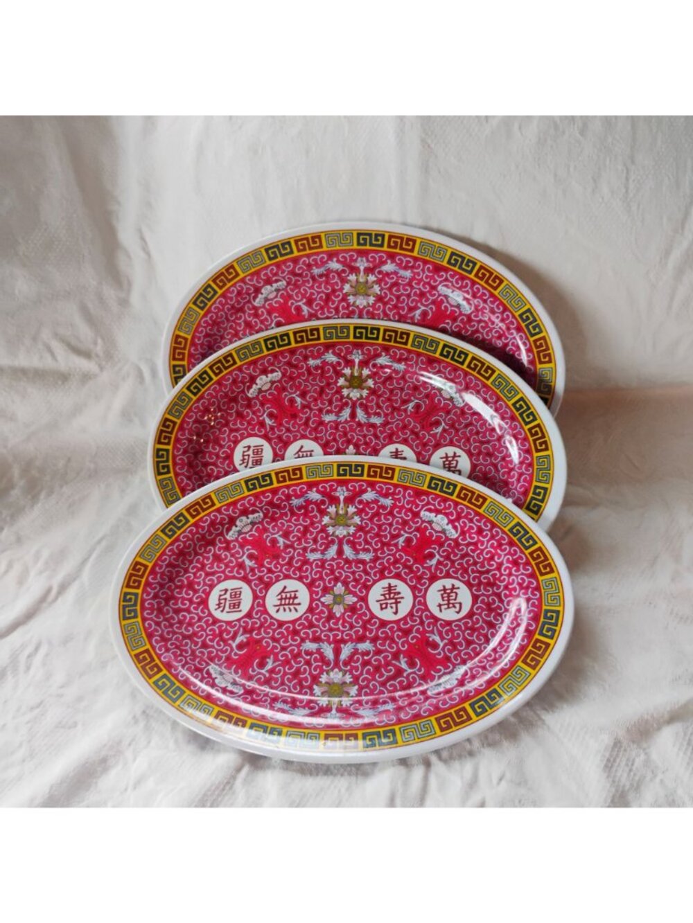 Set Of 3 Vtg Chinese Longevity Pattern Melamine Oval Platters 14" Tar-Hong - Picture 2 of 10